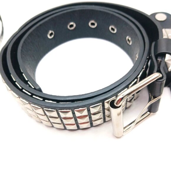 Gothic Studded Vegan Leather Belt + Double Row Studded Bracelet Unisex -Black - Picture 3 of 12